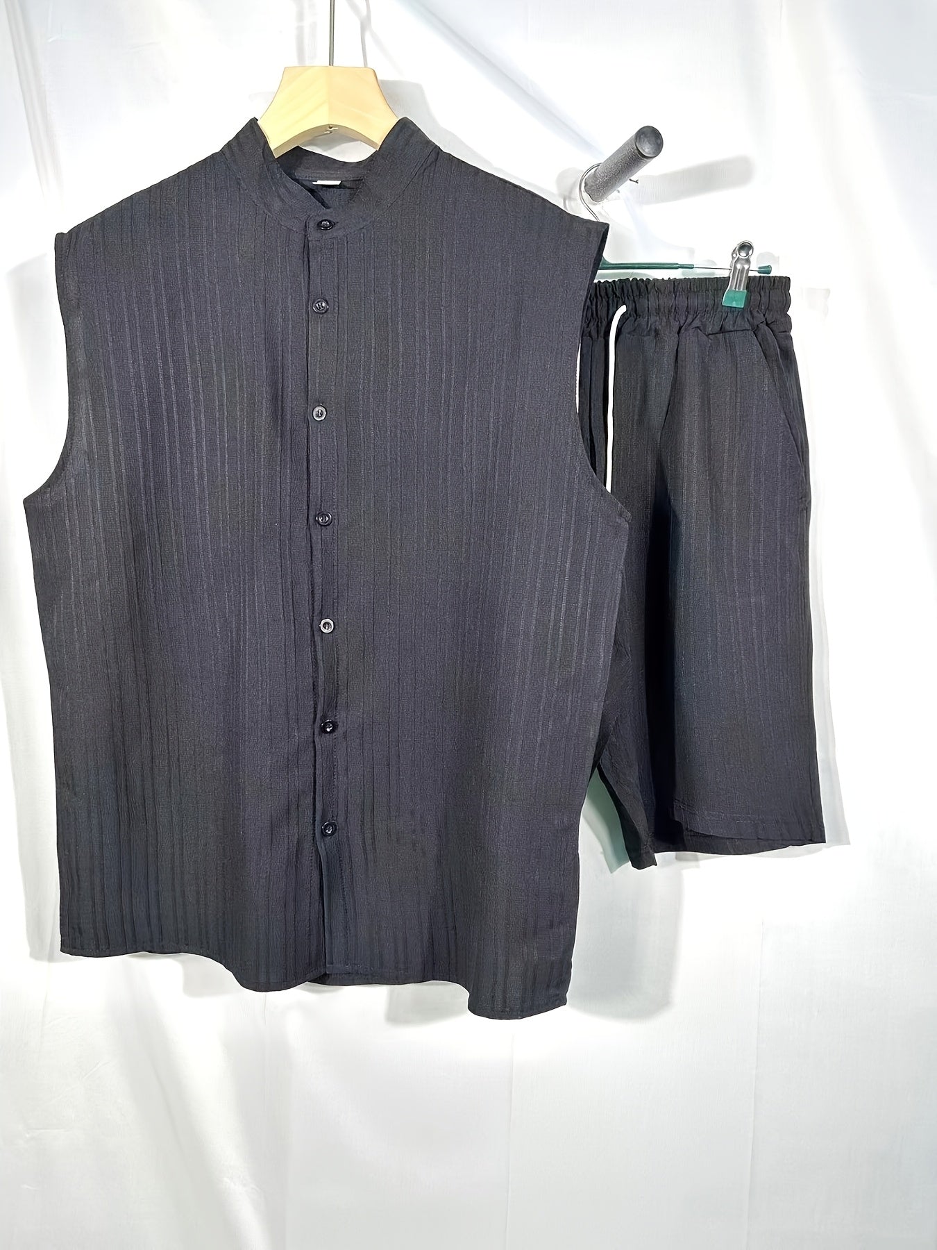 Sleeveless Pleated Button Shirt and Shorts Set