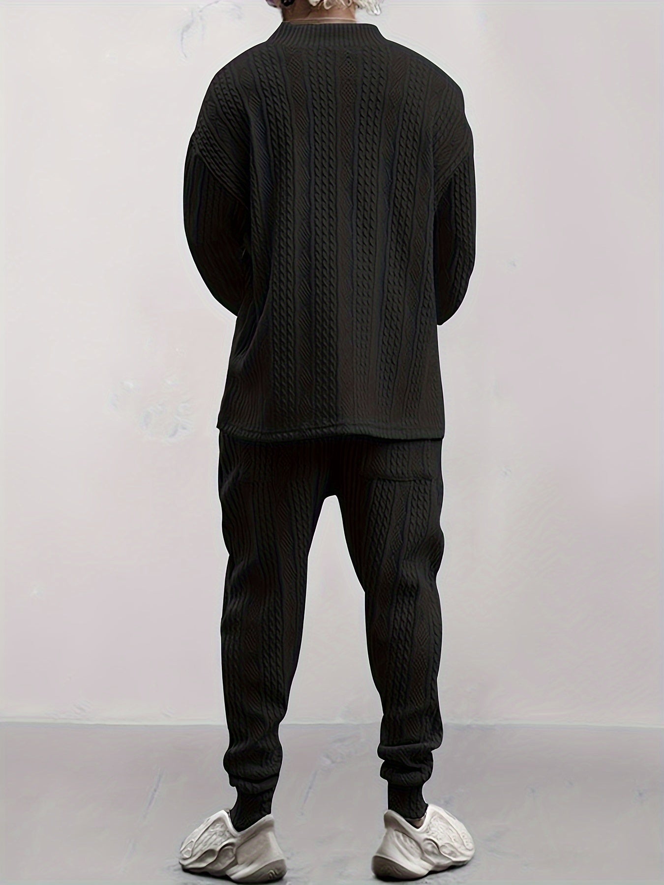 Conjunto de suéter con cuello en V de punto trenzado y pantalón
