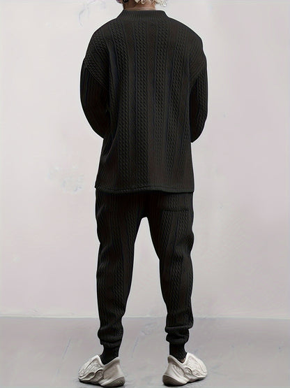 Conjunto de suéter con cuello en V de punto trenzado y pantalón