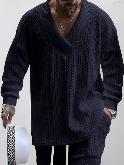 Conjunto de suéter con cuello en V de punto trenzado y pantalón