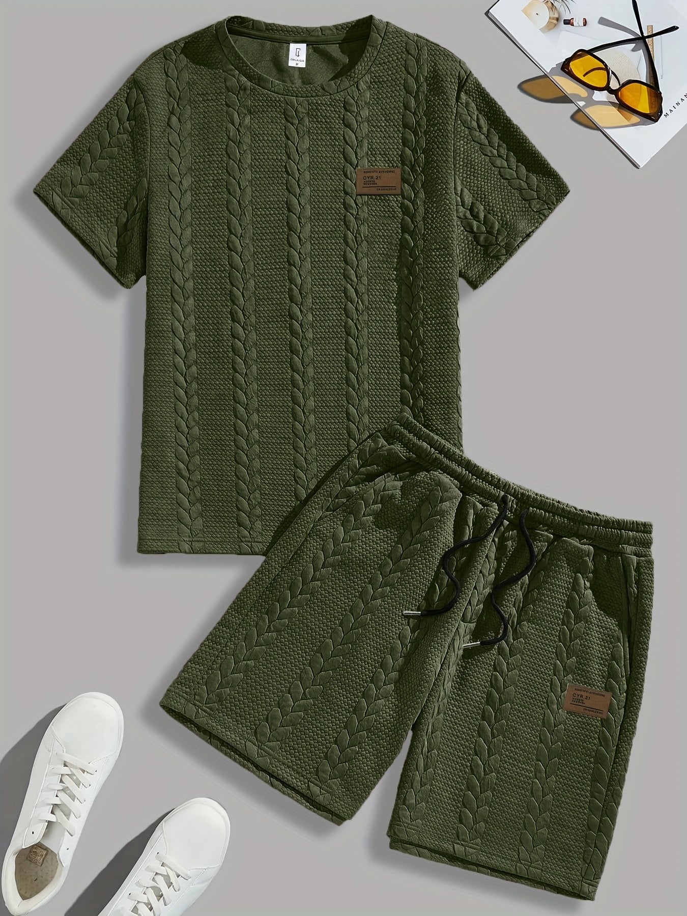 Conjunto de camiseta y pantalón corto de punto trenzado texturizado