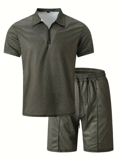 Strukturiertes Polo-Shirt mit Reißverschluss und Shorts-Set