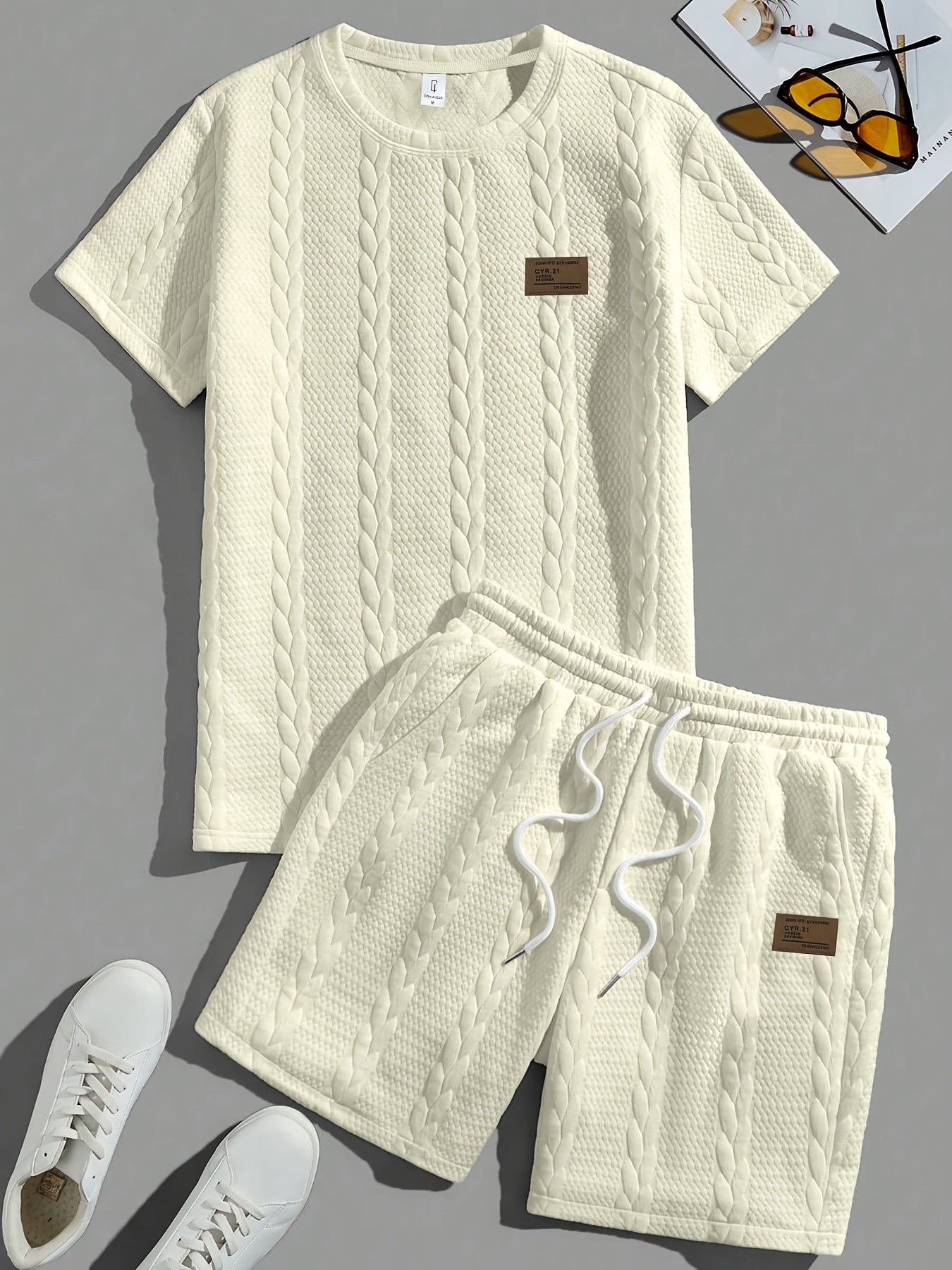 Conjunto de camiseta y pantalón corto de punto trenzado texturizado