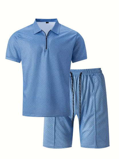 Strukturiertes Polo-Shirt mit Reißverschluss und Shorts-Set