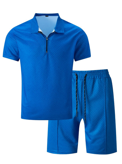 Strukturiertes Polo-Shirt mit Reißverschluss und Shorts-Set