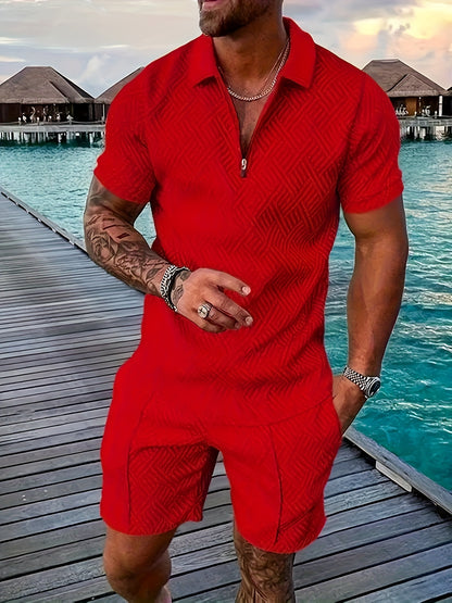 Strukturiertes Polo-Shirt mit Reißverschluss und Shorts-Set