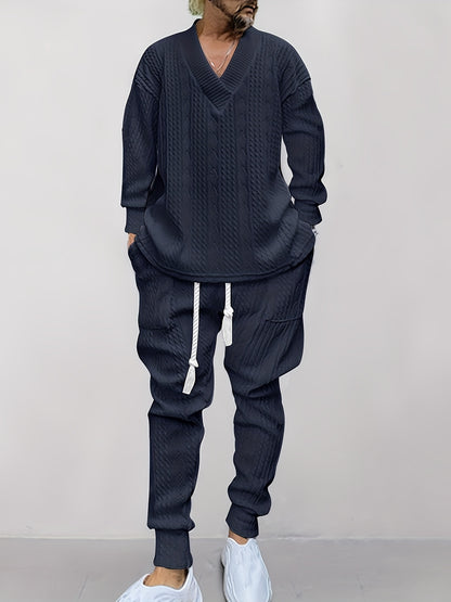Conjunto de suéter con cuello en V de punto trenzado y pantalón