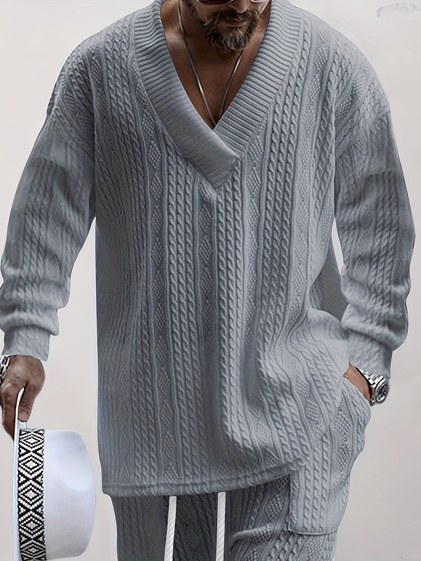 Conjunto de suéter con cuello en V de punto trenzado y pantalón