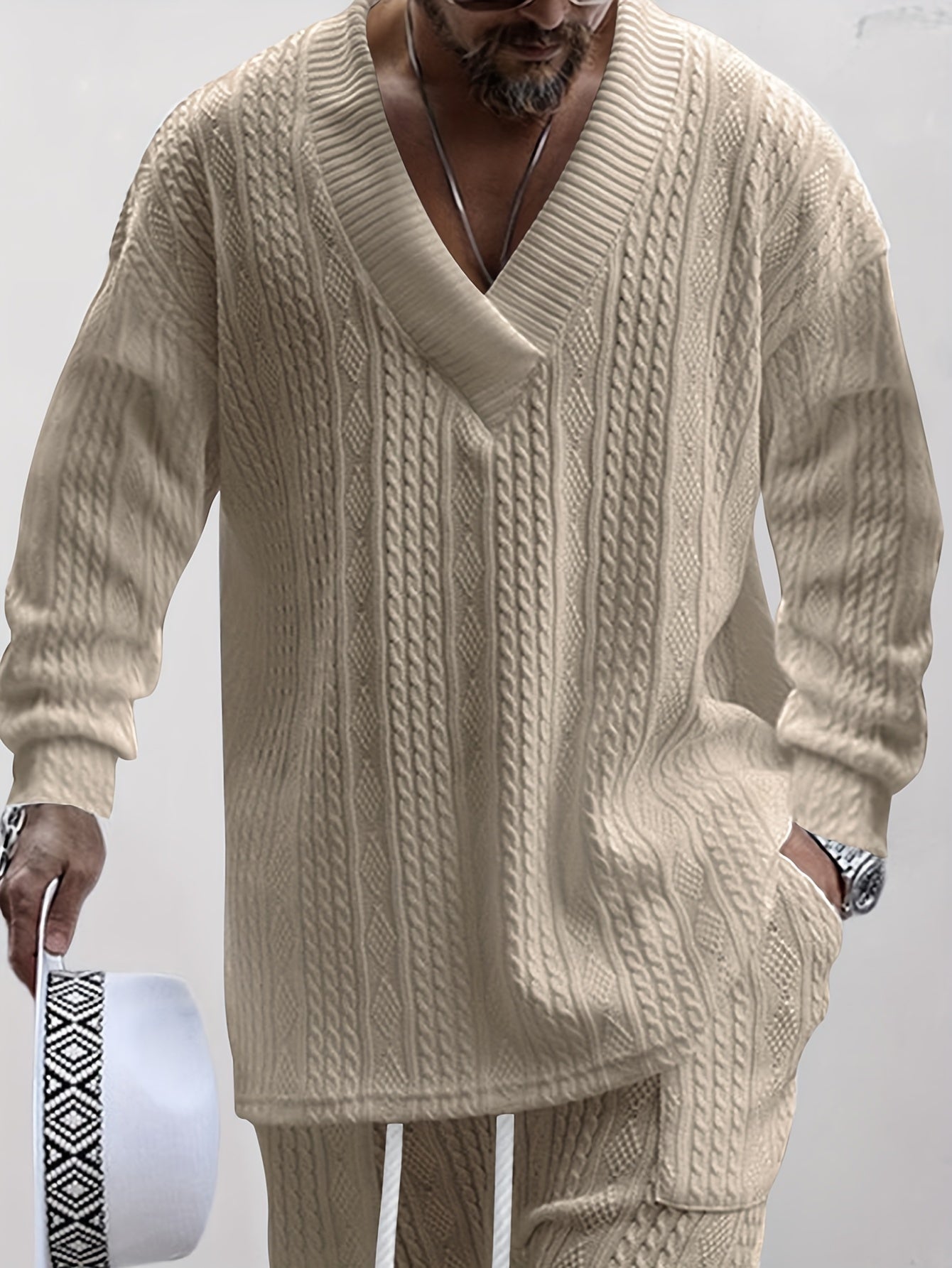 Conjunto de suéter con cuello en V de punto trenzado y pantalón