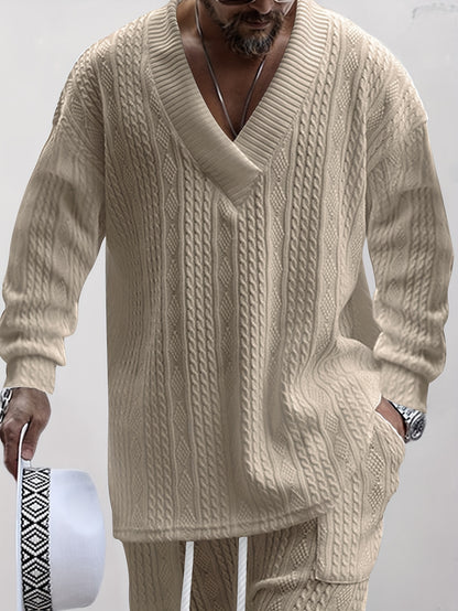 Conjunto de suéter con cuello en V de punto trenzado y pantalón