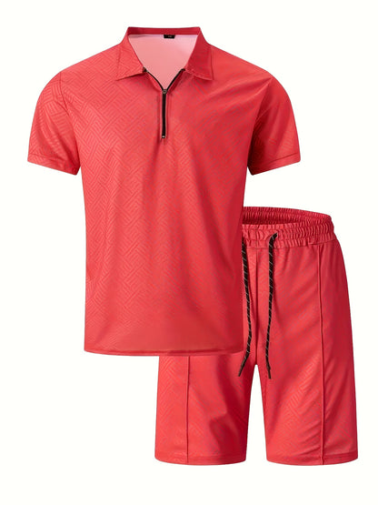 Strukturiertes Polo-Shirt mit Reißverschluss und Shorts-Set