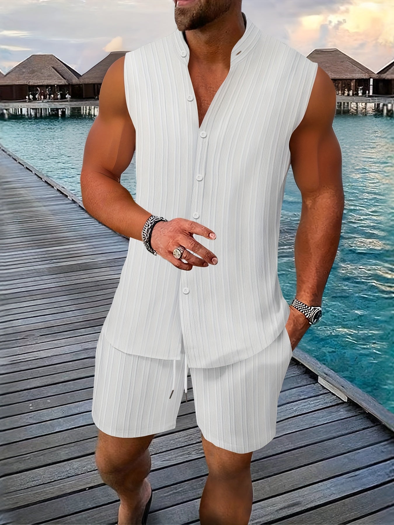 Sleeveless Pleated Button Shirt and Shorts Set