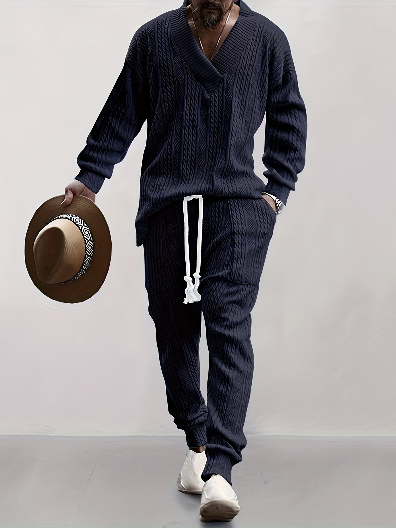 Conjunto de suéter con cuello en V de punto trenzado y pantalón