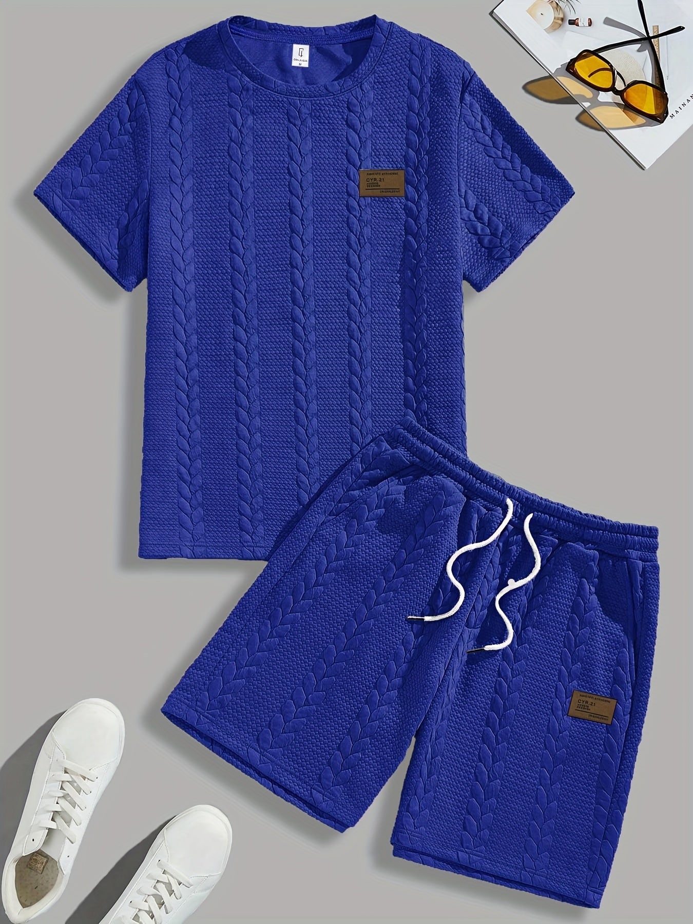 Conjunto de camiseta y pantalón corto de punto trenzado texturizado