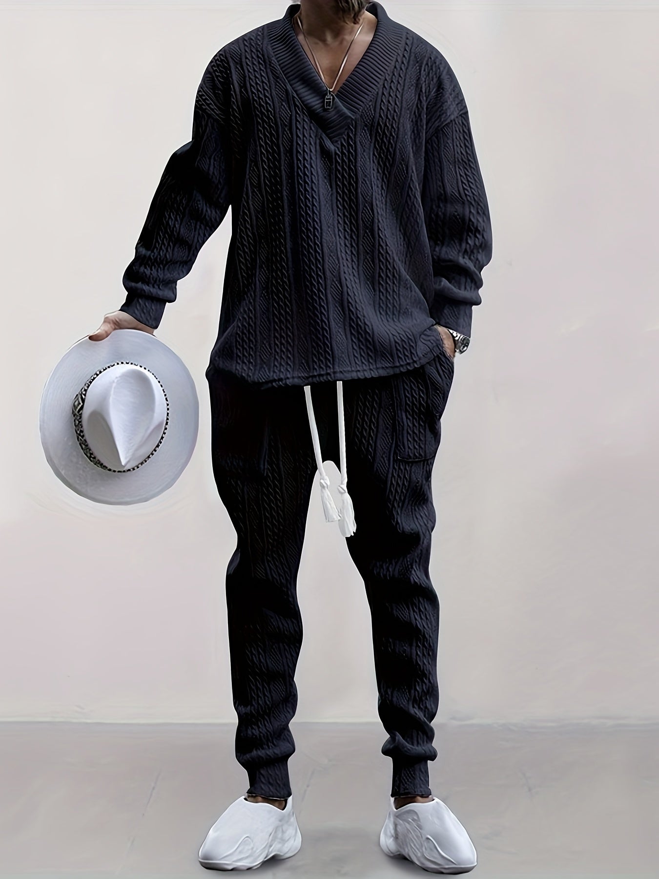 Conjunto de suéter con cuello en V de punto trenzado y pantalón