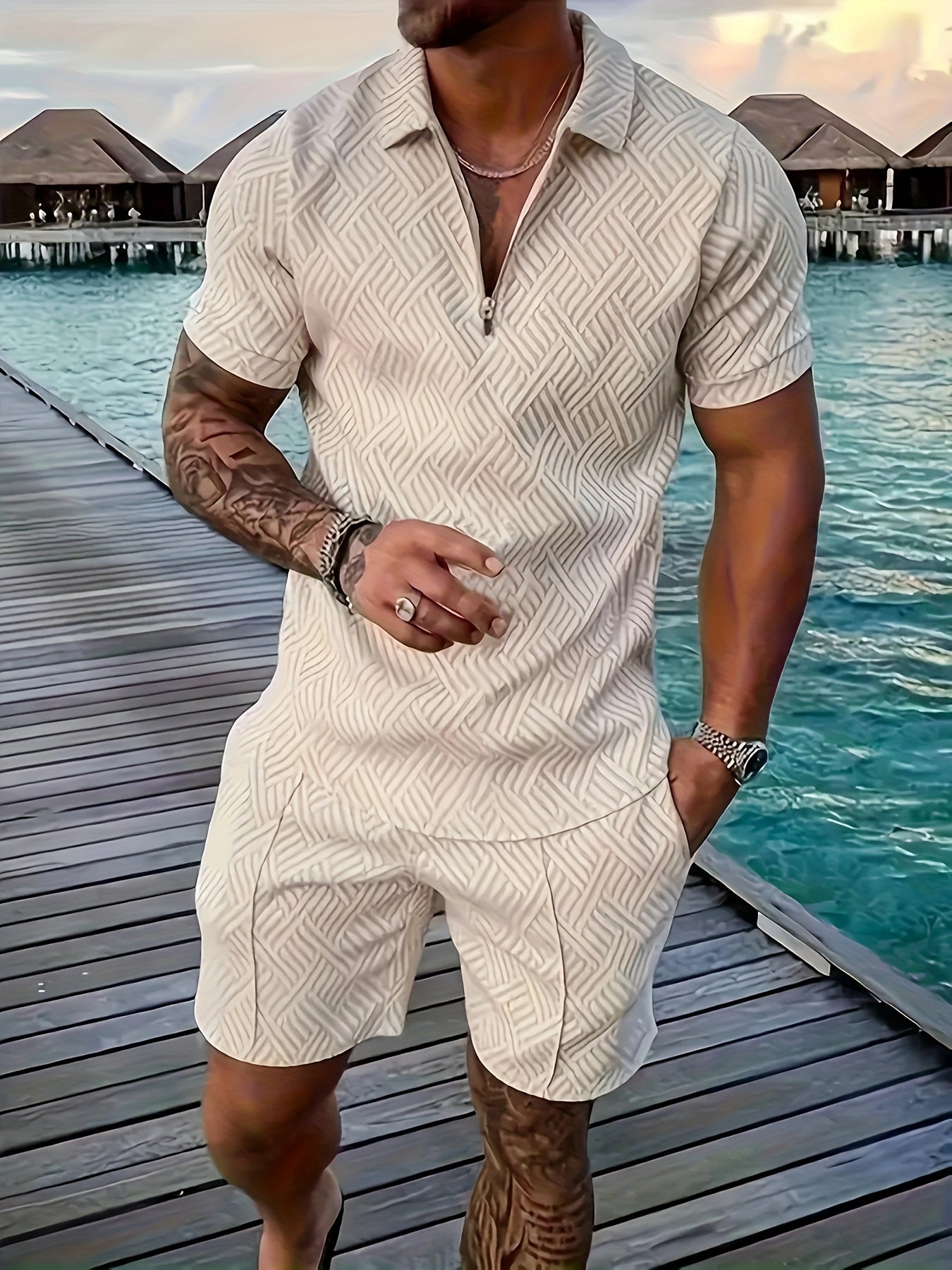 Strukturiertes Polo-Shirt mit Reißverschluss und Shorts-Set