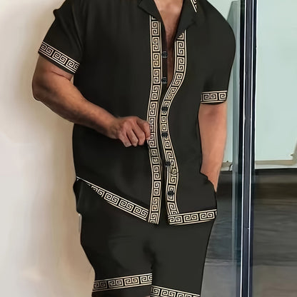 Conjunto de camisa de manga corta y pantalones cortos con ribete geométrico