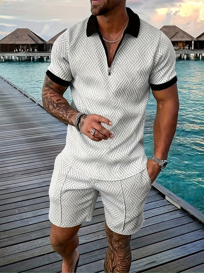 Strukturiertes Polo-Shirt mit Reißverschluss und Shorts-Set