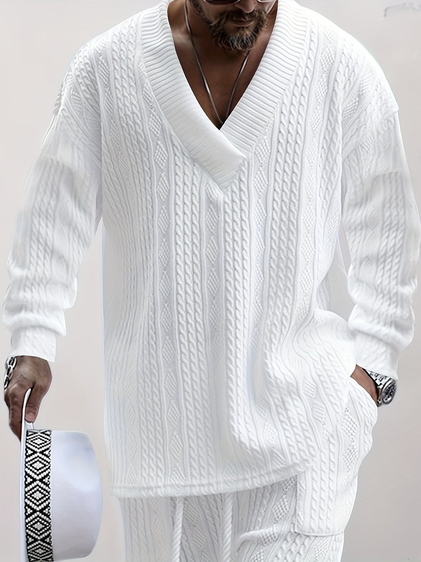 Conjunto de suéter con cuello en V de punto trenzado y pantalón