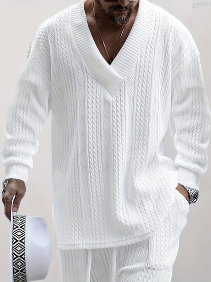 Conjunto de suéter con cuello en V de punto trenzado y pantalón