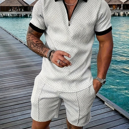 Strukturiertes Polo-Shirt mit Reißverschluss und Shorts-Set