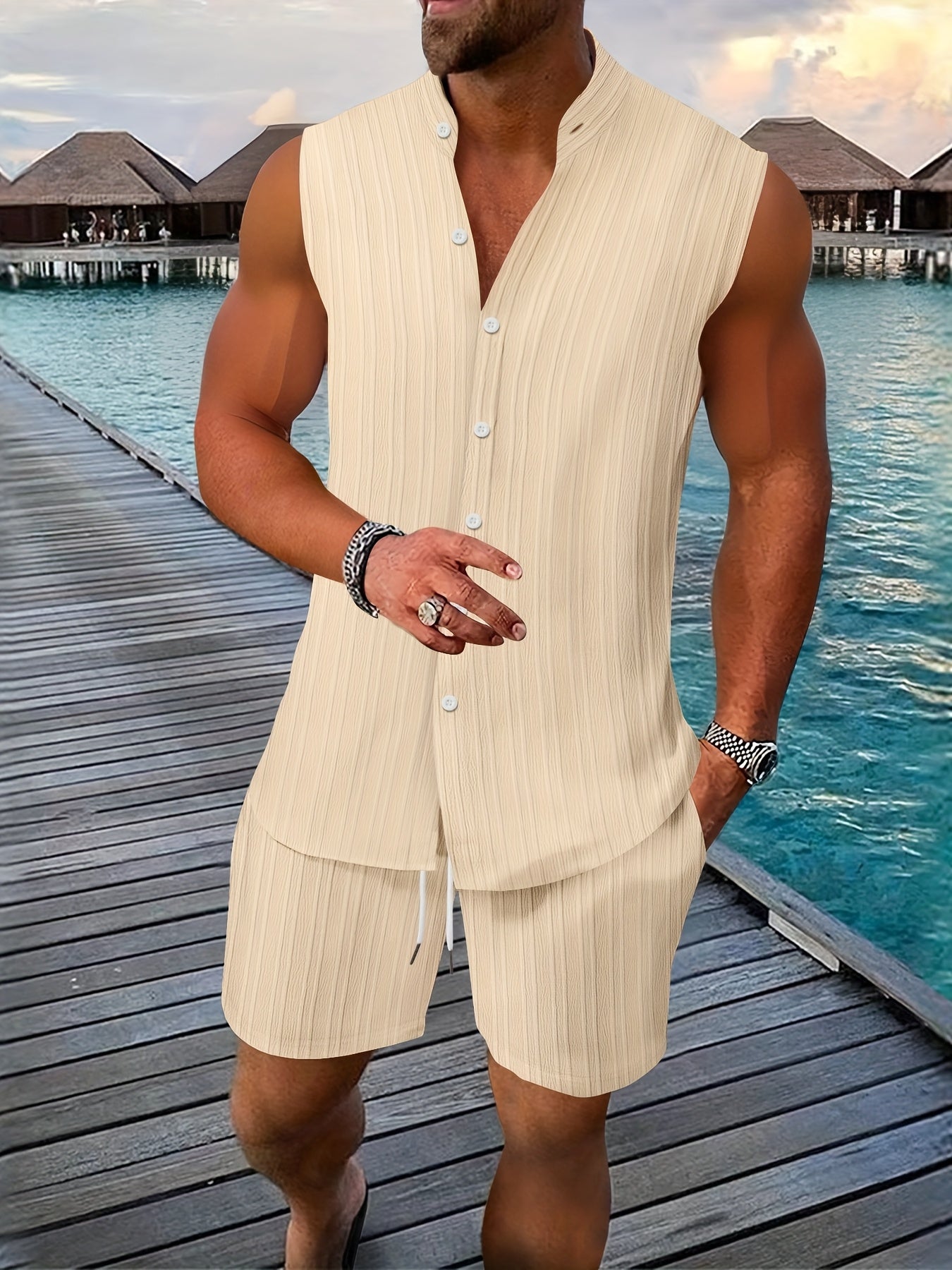 Sleeveless Pleated Button Shirt and Shorts Set