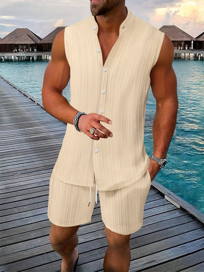 Sleeveless Pleated Button Shirt and Shorts Set