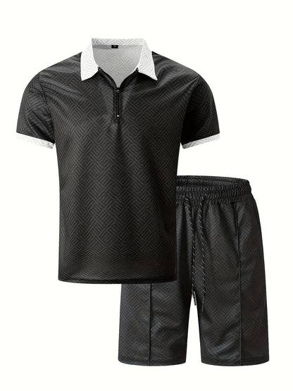 Strukturiertes Polo-Shirt mit Reißverschluss und Shorts-Set