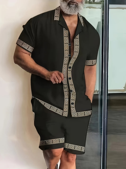 Conjunto de camisa de manga corta y pantalones cortos con ribete geométrico