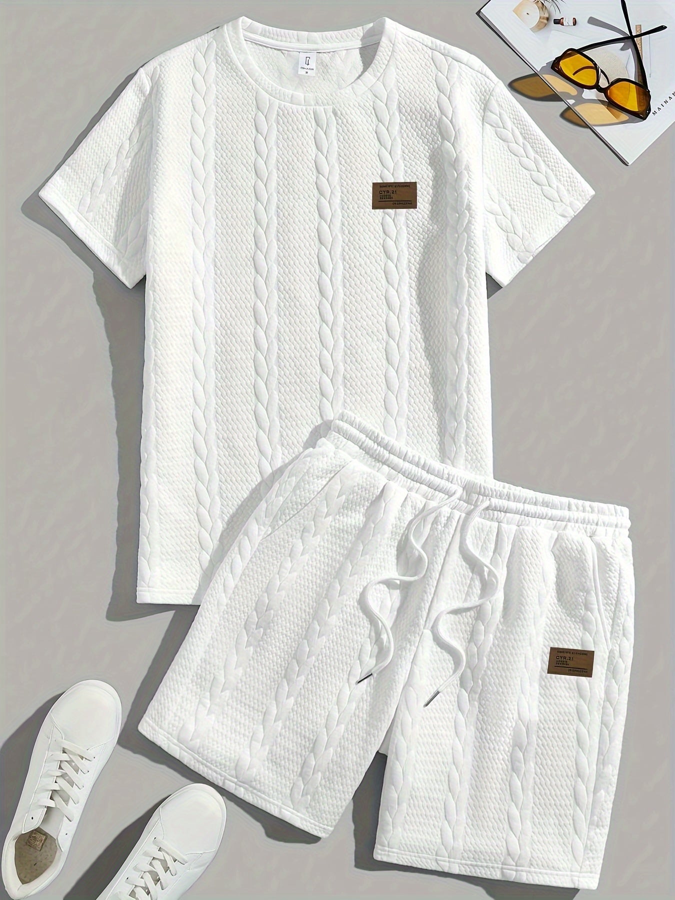 Conjunto de camiseta y pantalón corto de punto trenzado texturizado