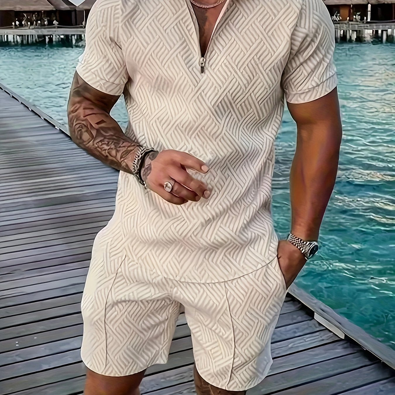 Strukturiertes Polo-Shirt mit Reißverschluss und Shorts-Set