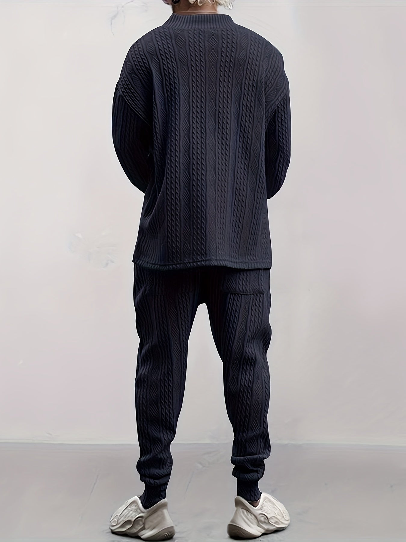 Conjunto de suéter con cuello en V de punto trenzado y pantalón