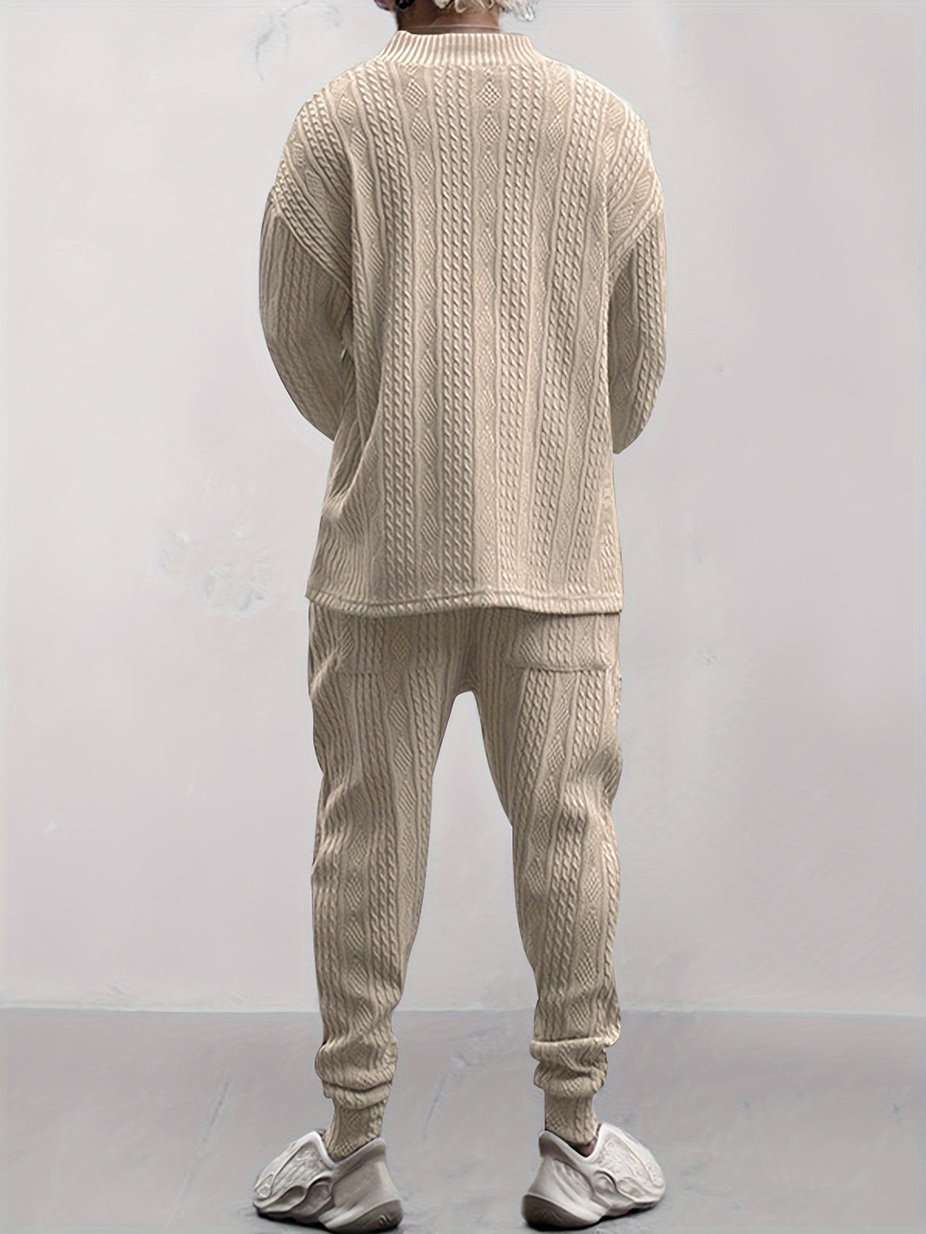 Conjunto de suéter con cuello en V de punto trenzado y pantalón