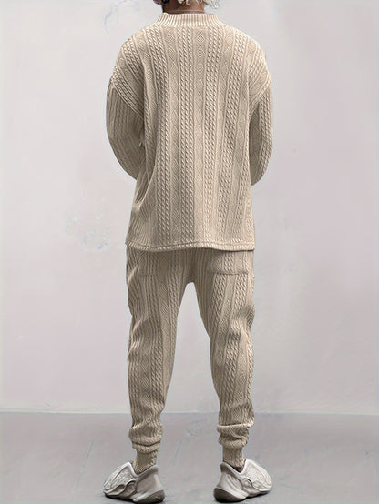 Conjunto de suéter con cuello en V de punto trenzado y pantalón