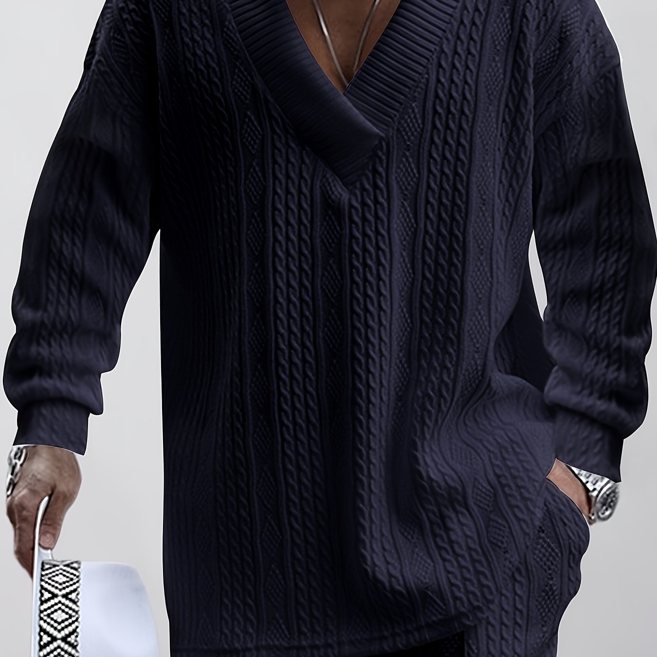 Conjunto de suéter con cuello en V de punto trenzado y pantalón