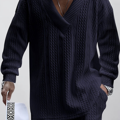 Conjunto de suéter con cuello en V de punto trenzado y pantalón