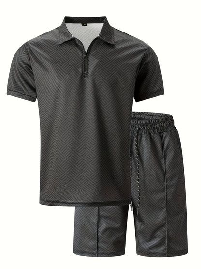 Strukturiertes Polo-Shirt mit Reißverschluss und Shorts-Set