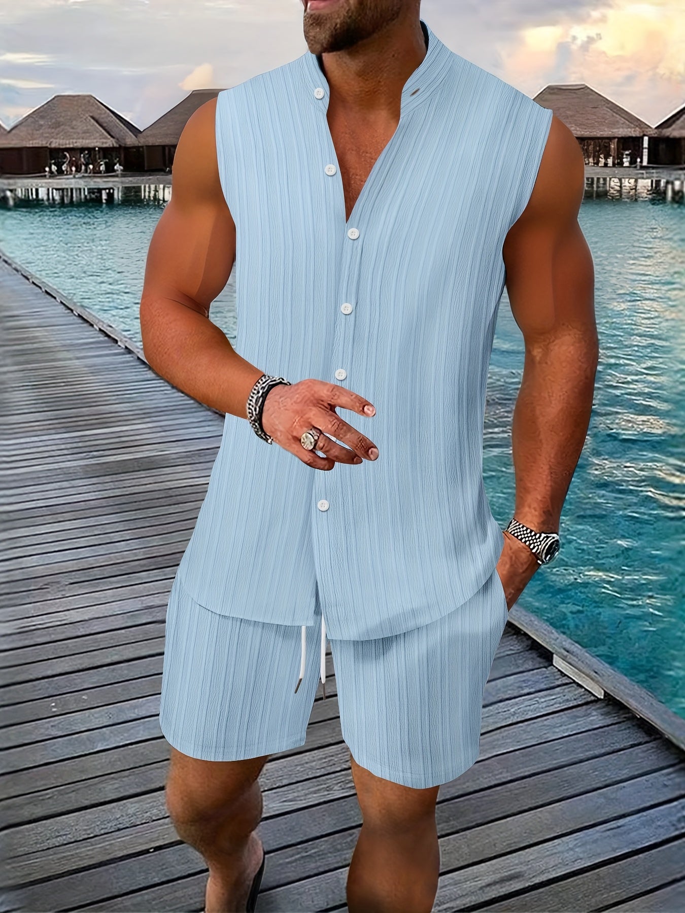 Sleeveless Pleated Button Shirt and Shorts Set