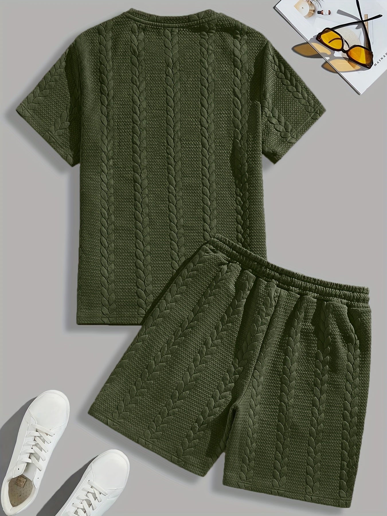 Conjunto de camiseta y pantalón corto de punto trenzado texturizado