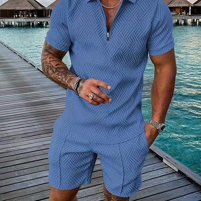 Strukturiertes Polo-Shirt mit Reißverschluss und Shorts-Set