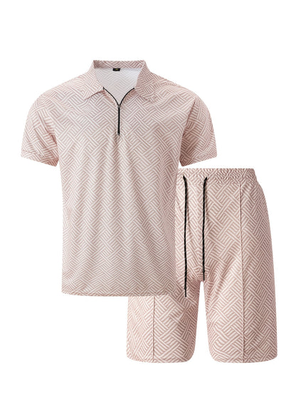 Strukturiertes Polo-Shirt mit Reißverschluss und Shorts-Set