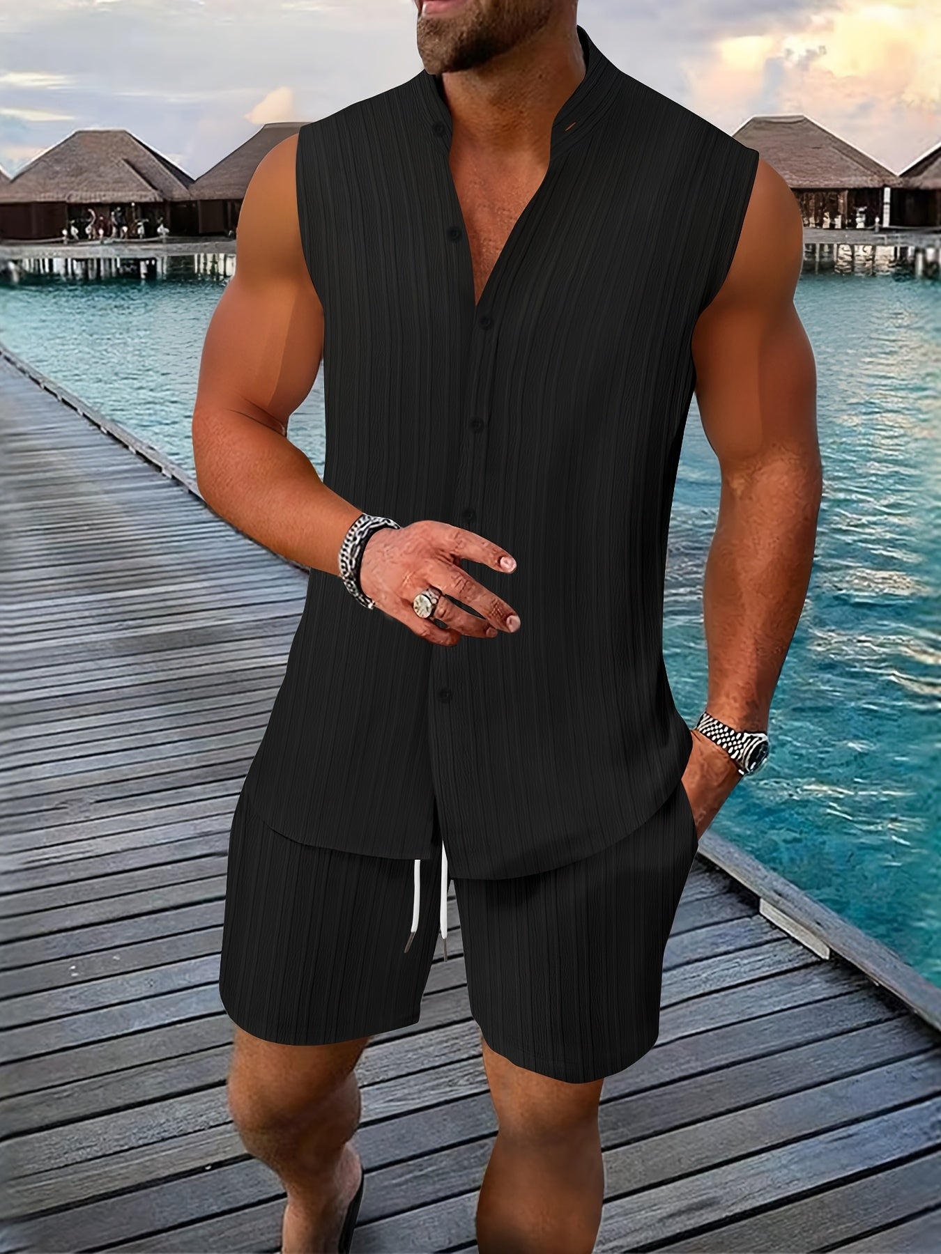 Sleeveless Pleated Button Shirt and Shorts Set