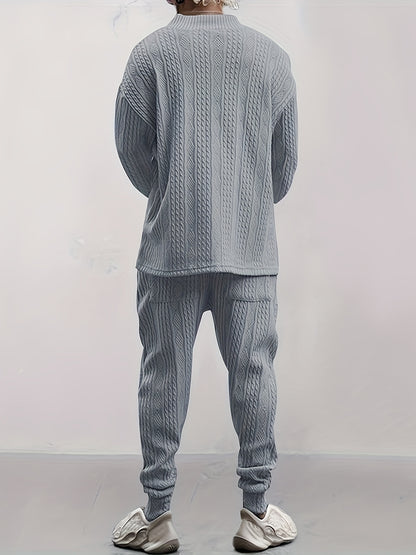 Conjunto de suéter con cuello en V de punto trenzado y pantalón