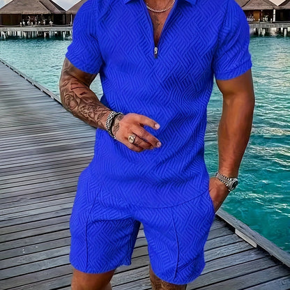 Strukturiertes Polo-Shirt mit Reißverschluss und Shorts-Set