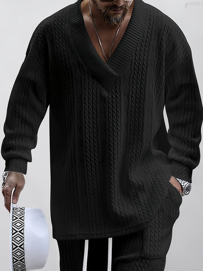 Conjunto de suéter con cuello en V de punto trenzado y pantalón